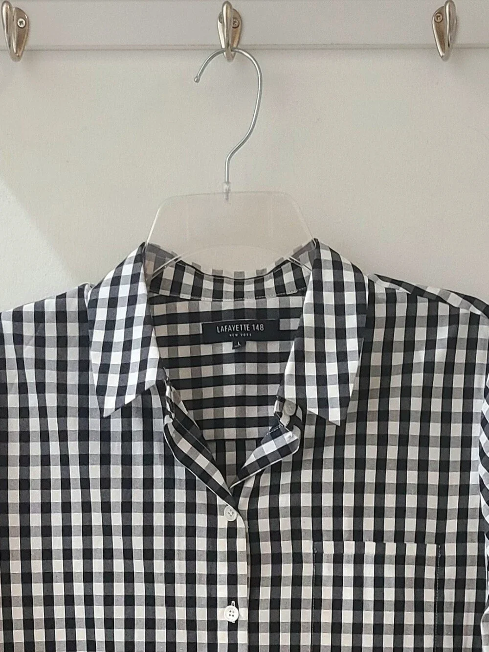 Lafayette 148 Black & White Check ¾ Sleeve Button Front Shirt Sz L - Picture 5 of 11